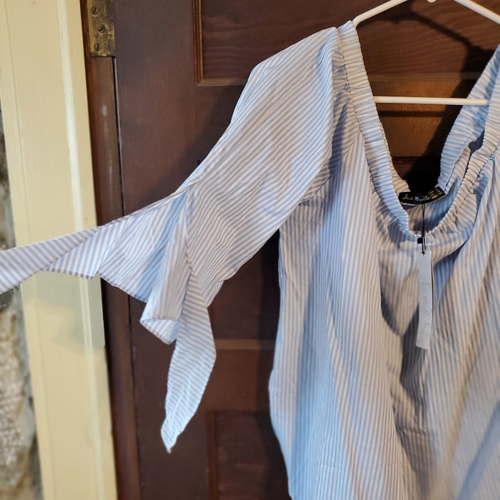 Off shoulder light blue and white striped top